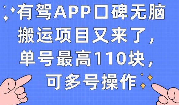 有驾APP口碑无脑搬运项目又来了，单号最高110块，可多号操作-云帆项目库