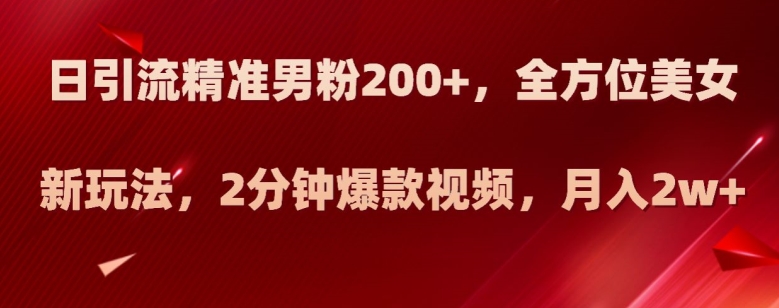 日引流精准男粉200+，全方位美女新玩法，2分钟爆款视频，月入2w+【揭秘】-云帆项目库