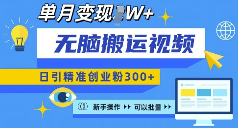 无脑搬运视频号可批量复制，新手即可操作，日引精准创业粉300+，月变现过W 【揭秘】-云帆项目库