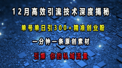 最新高效引流技术深度揭秘 ，单号单日引300+精准创业粉，一分钟一条原创素材，引爆你的私域流量-云帆项目库